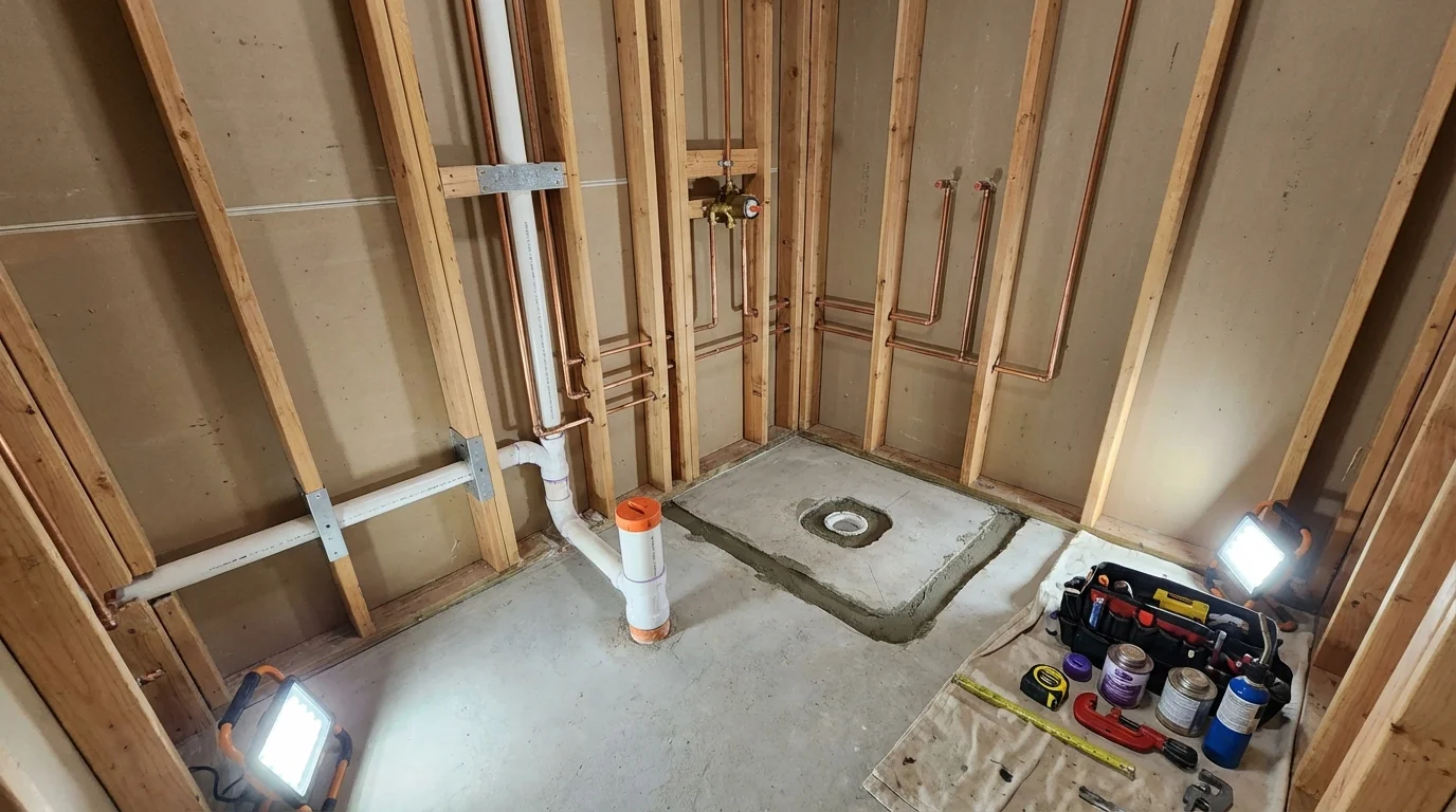Bathroom rough-in plumbing during remodel by Johns Plumbing LLC in Defiance