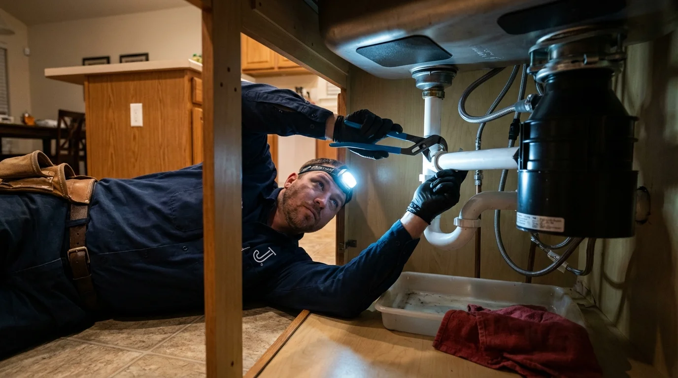 P-trap and supply line connections under a kitchen sink showing a common leak point in Defiance, OH